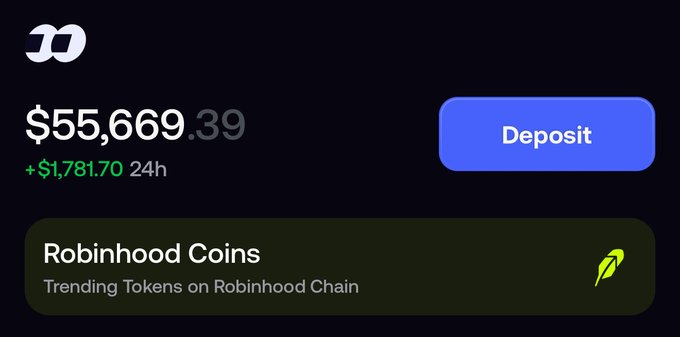 A Robinhood app screen showing a portfolio balance of $55,669.39 with a 24-hour gain of +$1,781.70 and a Deposit button, featuring 'Robinhood Coins - Trending Tokens on Robinhood Chain.'