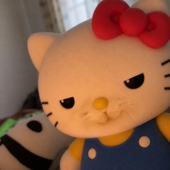 A close-up photograph of a Hello Kitty plush toy with a grumpy expression, featuring a red bow and blue overalls.