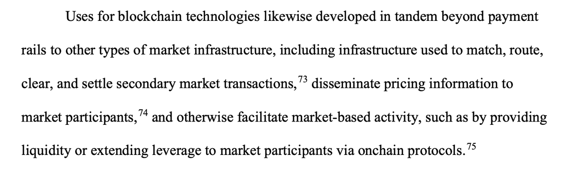 A text excerpt discussing uses for blockchain technologies beyond payment rails, including matching and settling transactions, disseminating pricing information, and facilitating market-based activity via onchain protocols.