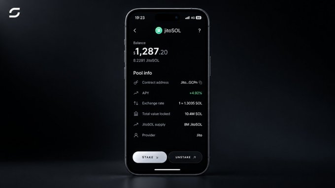 A smartphone displaying a cryptocurrency staking app interface for 'jitoSOL', showing a balance of 1,287.20 and various pool details.