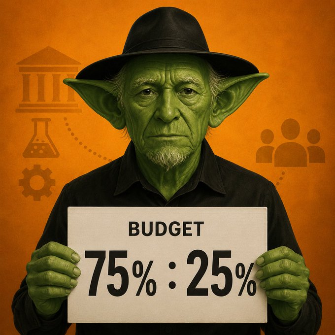 "Gerolamo", "IO", and "funding approval" are all important parts of this image which shows a man dressed up as a character from Star Wars holding up a sign reading "75% + 25%" against an orange background, potentially related to a budget or funding proposal for the Gerolamo node. The post is focused on congratulating the IO for approving a key research proposal and expressing disappointment with the initial approval outcome.