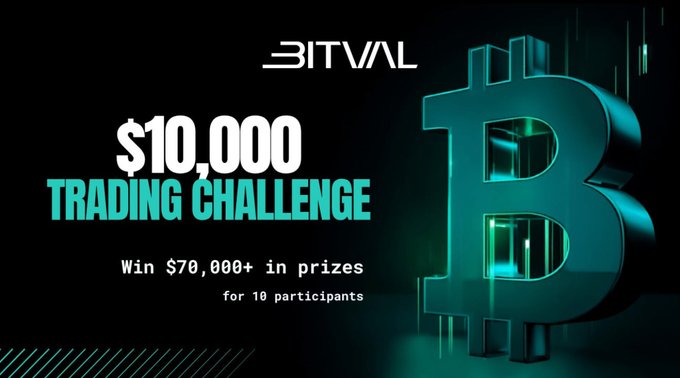 A promotional banner for Bitval's "$10,000 Trading Challenge" featuring a large 3D Bitcoin symbol, offering 10 participants a chance to win $70,000+ in prizes by turning a $1,000 funded trading account into $10,000 over 4 weeks.
