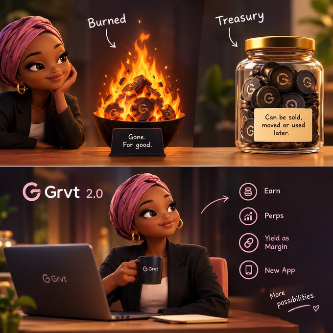 A colorful illustration introduces “Grvt 2.0,” contrasting “Burned” coins with a “Treasury” jar and listing “Earn,” “Perps,” “Yield as Margin,” and “New App.”