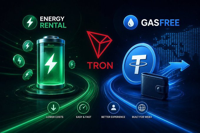 A promotional graphic for the TRON blockchain showing "ENERGY RENTAL" with a green battery on the left and "GAS FREE" with a blue Tether coin and wallet on the right, featuring icons for "LOWER COSTS", "EASY & FAST", "BETTER EXPERIENCE", and "BUILT FOR WEB3".