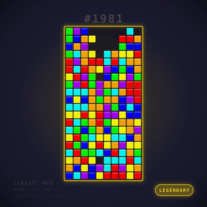 The image features a colorful grid of squares with different colors, resembling a puzzle or game screen. The text "Classic Nes" suggests that the image may be related to a classic video game like Tetris. The image also includes a caption that reads "FLASH @stacksnft_ wl giveaway Prize: 10 WL + 1 GTD 3,333 hand-crafted SVG Stacks Every block, line, and color generated directly from smart contract code". This description implies that the image is related to a gaming event or competition where participants are required to create their own unique game screens using blocks of different colors. The image also includes an "Legendary" label at the bottom right corner, which could indicate that this particular image has been shared on social media platforms and is gaining attention from gamers and enthusiasts alike.