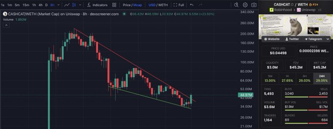 The image shows a TradingView chart of $CASH/WETH (CashCat) on Uniswap V2, displaying an 8-hour candlestick pattern with a descending trend and a green trendline suggesting potential reversal near $48.97, paired with a DexScreener panel showing a $46.98M market cap and 23.50% gain. The accompanying post asks "What if $CASHCAT," which directly references this chart as the trader explores the possibility of the downtrend reversing.