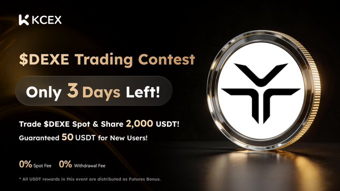 The image is a promotional graphic for the KCEX "$DEXE Trading Contest," highlighting "Only 3 Days Left!" and offering a 2,000 USDT Futures Bonus pool with a guaranteed 50 USDT for new users, featuring 0% spot and withdrawal fees. It visually reinforces the accompanying post's urgency and details about the spot trading event and reward structure for the $DEXE token.