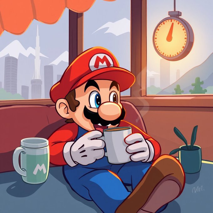 A cartoon illustration of Mario wearing his signature red hat and overalls, sitting at a table holding a coffee mug, with another mug and a potted plant nearby, and a large clock visible through a window showing a cityscape.