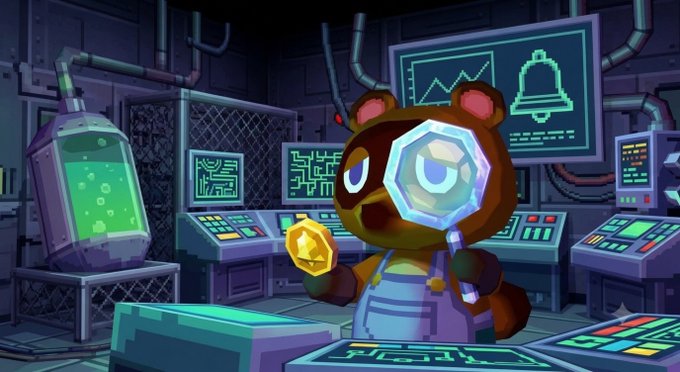 A cartoon illustration of Tom Nook from Animal Crossing holding a magnifying glass and a golden nugget in a laboratory setting with monitors and equipment.