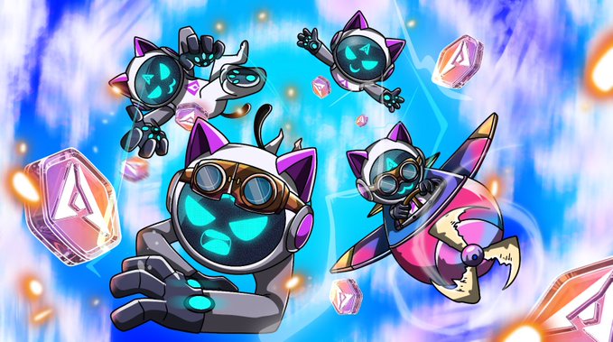 Vibrant cartoon artwork featuring cat-like characters with glowing blue masks and goggles flying through a blue cosmic background alongside floating crystals.