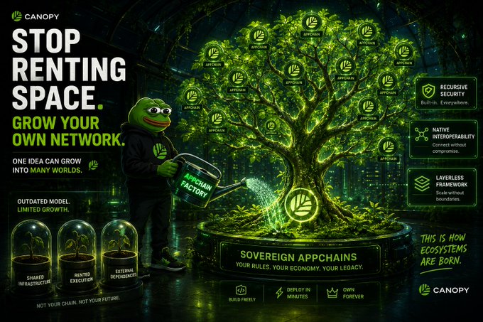 The image features a poster with a tree growing out of a jar, surrounded by various texts related to renting space and ecosystem growth. The poster includes a person holding a watering can next to the tree, symbolizing the nurturing aspect of growth. The text on the poster emphasizes the importance of infrastructure security and room for expansion in ecosystems, which is directly linked to the concept of sovereign appchains.
