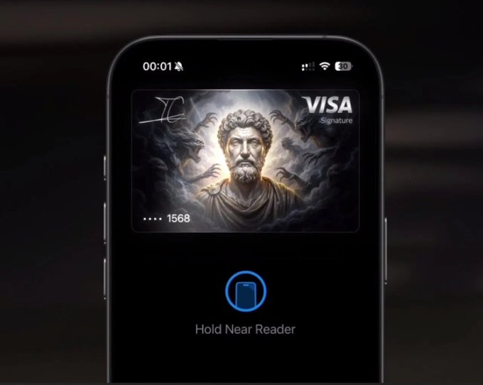 An iPhone screen shows a VISA Signature digital card featuring a marble bust of Marcus Aurelius, with the Apple Pay 'Hold Near Reader' prompt displayed.