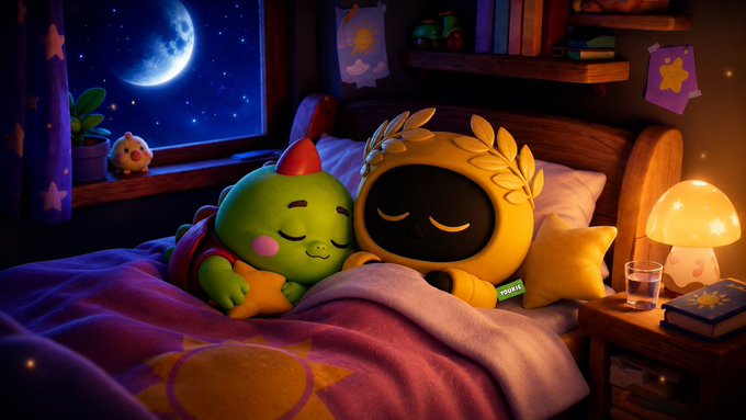 Two adorable plush characters—a green creature with a tiny party hat and a yellow robot adorned with a laurel wreath—snuggle together in a cozy bed beneath a starry night sky, perfectly capturing the sleepy "goodnight" vibe of the Sleepagotchi post about catching some Z's with $SLEEP.