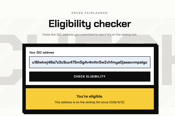 A 'ZRC20 FAIRLAUNCH Eligibility checker' webpage shows a message stating 'You're eligible. This address is on the airdrop list since 2026/9/22.'