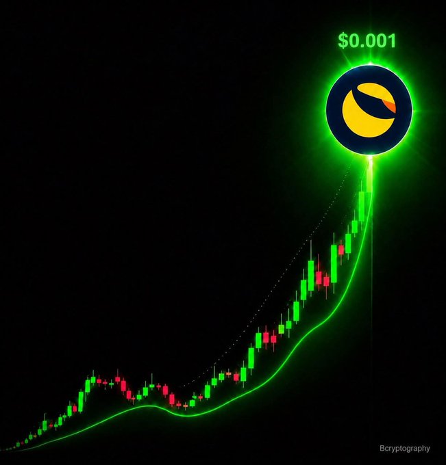A candlestick chart shows a strong upward price trend with a curved green moving average line, leading up to the Luna Classic (LUNC) logo labeled with a price target of "$0.001." The graphic visually reinforces the post's speculation that LUNC could hit $0.001 by the end of July, with the rising chart symbolizing the anticipated bullish momentum toward higher price targets later in the year.