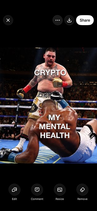A meme-style social media post (Twitter/X share interface) using a boxing match photo, labeling the standing fighter "CRYPTO" and the fallen fighter "MY MENTAL HEALTH."