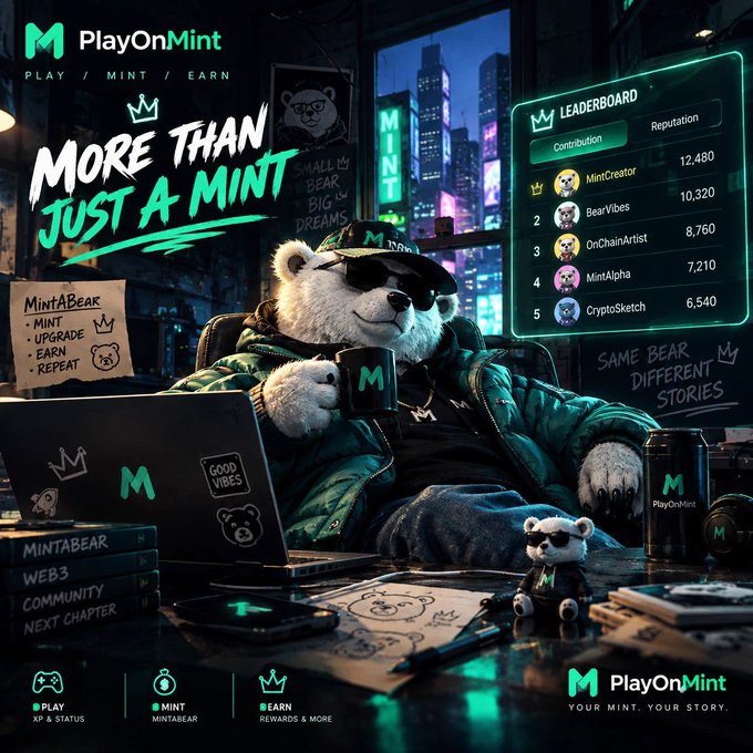 An advertisement for 'PlayOnMint' features an anthropomorphic polar bear wearing a cap and sunglasses, sitting at a desk with a laptop, displaying the text 'MORE THAN JUST A MINT' alongside a leaderboard.