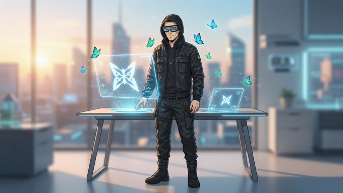A man in black techwear and VR goggles stands behind a futuristic desk with holographic butterfly displays, surrounded by glowing blue butterflies, visually embodying the sleek, effortless quantum-resistant security the user describes setting up on account.quip.network.