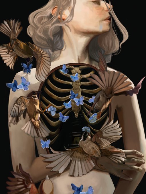 The image features a woman with blonde hair, wearing a dress that has blue butterflies on it. The butterfly wings are spread out around her as she stands against a black background. The image also includes a bird flying towards the woman's chest, adding an element of movement and life to the scene.