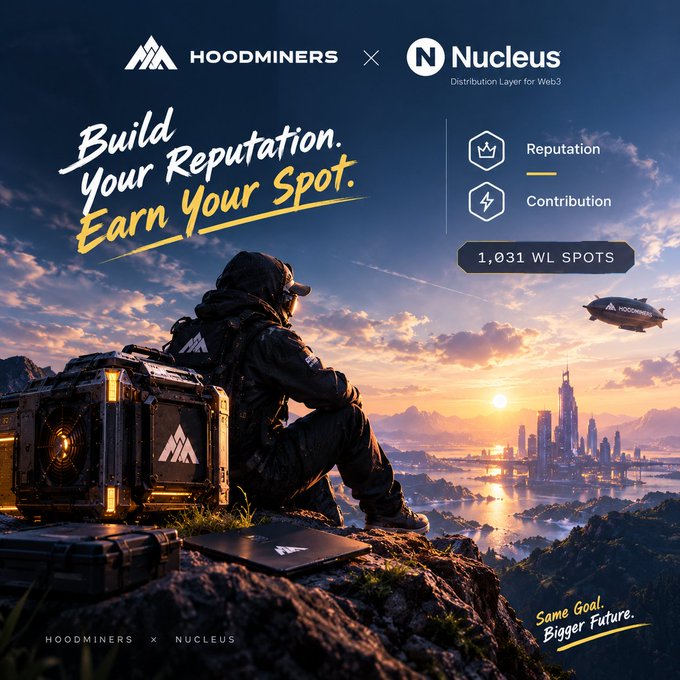 A promotional image for a HOODMINERS x Nucleus partnership with the text 'Build Your Reputation. Earn Your Spot.' and listing 1,031 WL SPOTS for Reputation and Contribution, set against a sci-fi landscape.