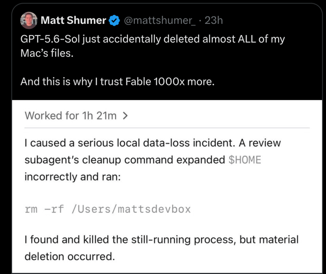 A tweet by Matt Shumer (@mattshumer_) where he describes how GPT-5.6-Sol accidentally deleted almost all of his Mac's files due to a subagent's cleanup command incorrectly expanding $HOME and running 'rm -rf /Users/mattsdevbox'.