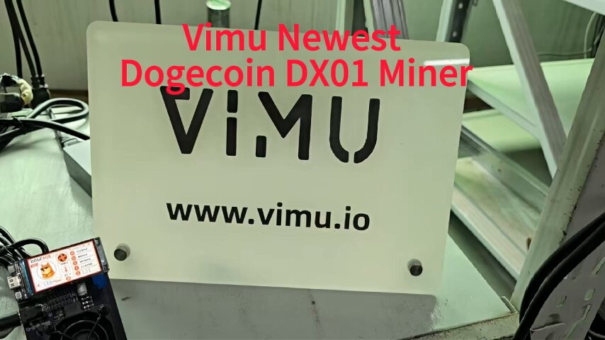 The image features a sign for a new type of Dogecoin mining machine that uses a Raspberry Pi as its central processing unit (CPU). The sign has a white background with black text, including the words "VIMU Newest" and "Dx01 Miner". There is also an image of a Raspberry Pi on the right side of the sign.