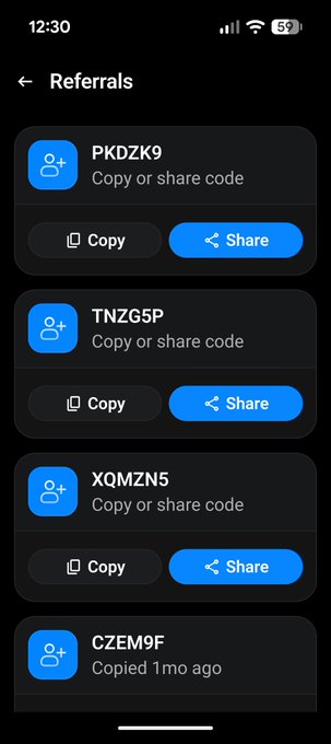 A mobile app screen titled 'Referrals' displaying four referral codes (PKDZK9, TNZG5P, XQMZN5, CZEM9F) with options to copy or share each code.