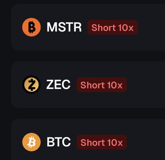 A dark interface lists three cryptocurrency short positions with 10x leverage: MSTR, ZEC, and BTC, each marked with red 'Short 10x' labels.