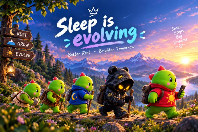 An illustrated advertisement showing four small green creatures hiking in a mountain landscape, accompanied by the text "Sleep is evolving", "Better Rest, Brighter Tomorrow", "Small Steps, Big Dreams", and a signpost reading "REST", "GROW", "EVOLVE".
