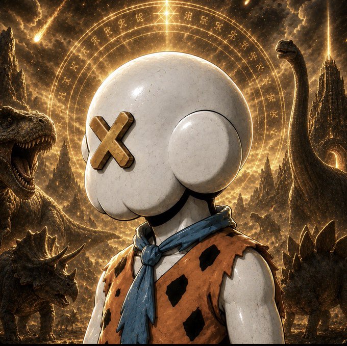 A stylized 3D rendering shows a character with a round white head featuring an 'X' over one eye, wearing a blue neckerchief and leopard-print tunic, standing before a glowing golden arcane circle with dinosaurs in the background.