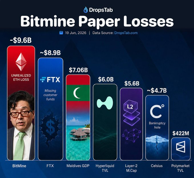 The image presents a bar graph with various symbols representing different categories of cryptocurrency losses over time. At the top of the graph, there's an explanation that reads "Bitmine paper loses" and shows a line indicating the decreasing value of Bitmine paper losses from $9,6b in 2016 to $5,7b by the year 2020. The remaining bars represent different types of cryptocurrency losses such as Ether Losses, Ethereum Losses, LTC Losses, Bitcoin Losses, Oil Losses, and other losses associated with these cryptocurrencies.