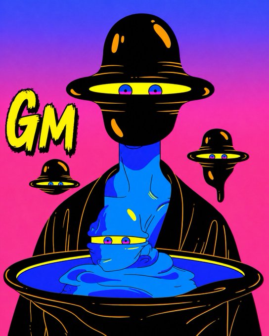 A colorful digital illustration on a pink and purple background shows several disc-shaped UFO creatures with glowing yellow eyes, including a central blue humanoid figure, accompanied by the yellow text 'GM'.