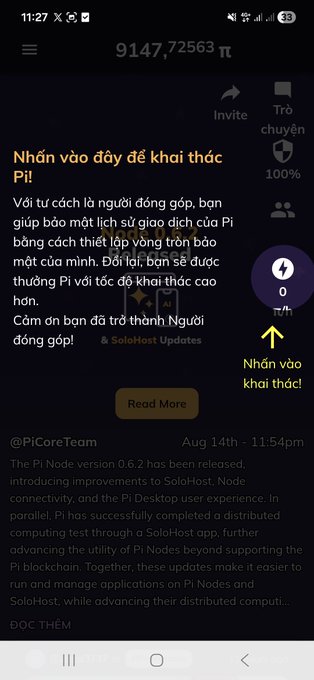 A Vietnamese-language Pi Network mobile app screenshot showing a balance of 9,147.72563 π, with a button reading 'Nhấn vào đây để khai thác Pi!' (Press here to mine Pi!), conversion rate information, and a news update from @PiCoreTeam dated Aug 14th about the Pi Node version 0.6.2 release.