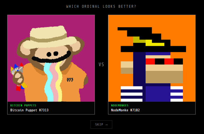 A comparison screen asking 'WHICH ORDINAL LOOKS BETTER?' between 'Bitcoin Puppet #7313' from Bitcoin Puppets and 'NodeMonke #7182' from NodeMonkes, with a 'SKIP →' button.