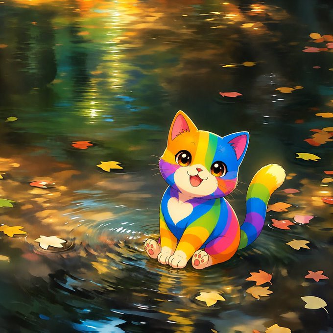 A cheerful rainbow-striped cat with a heart on its chest sits contentedly in a shimmering pond surrounded by floating autumn leaves, embodying the vibrant and joyful spirit of the $COLORS community on this Happy Thursday.