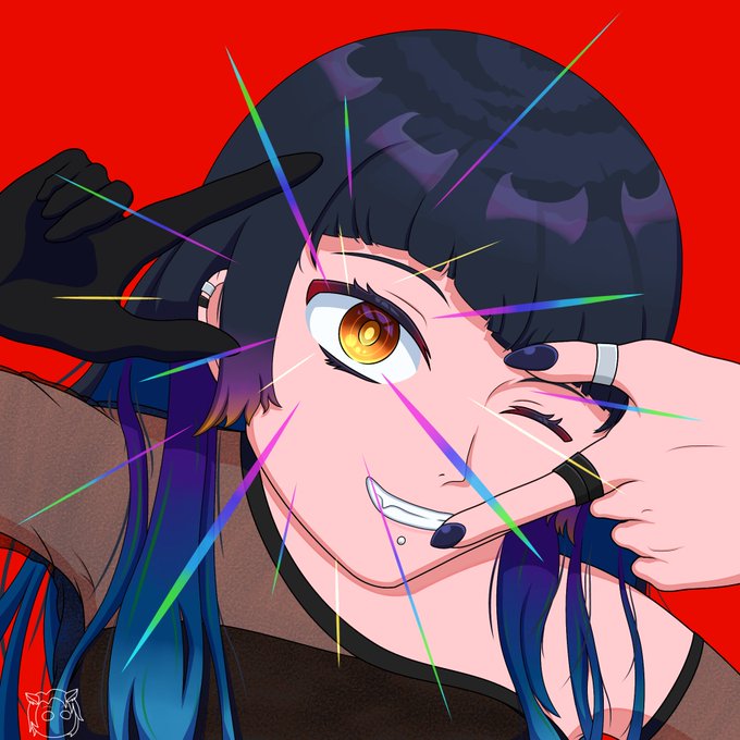 An anime-style digital illustration of a character with long dark blue hair, one golden eye, and dark fingernails, making a hand gesture over their face with colorful light rays bursting outward against a red background.