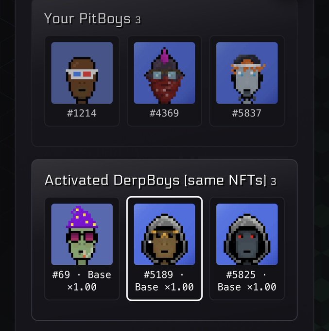 The image displays an NFT inventory screen showing "Your PitBoys" (NFTs #1214, #4369, #5837) and "Activated DerpBoys (same NFTs)" with corresponding DerpBoys (#69, #5189, #5825) all at Base ×1.00 multiplier. This visual evidence supports the post's claim of early investment potential, showing the owner holds three PitBoys NFTs that have been activated as DerpBoys, illustrating how the collection quietly built value through its technological utility rather than hype.