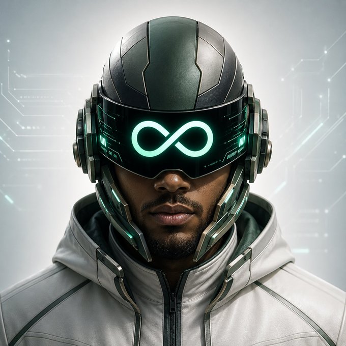 A close-up portrait of a person wearing a futuristic dark helmet with a glowing teal infinity symbol displayed on the visor, set against a light background with circuit board patterns.