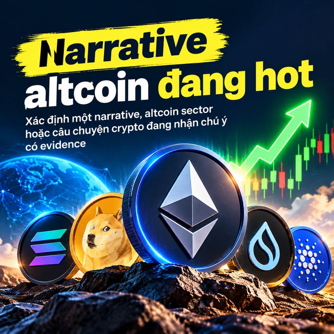 A Vietnamese crypto graphic titled 'Narrative altcoin đang hot' discussing identifying altcoin sectors or stories with evidence, featuring Ethereum, Dogecoin, Solana, and other altcoin logos alongside a rising chart.