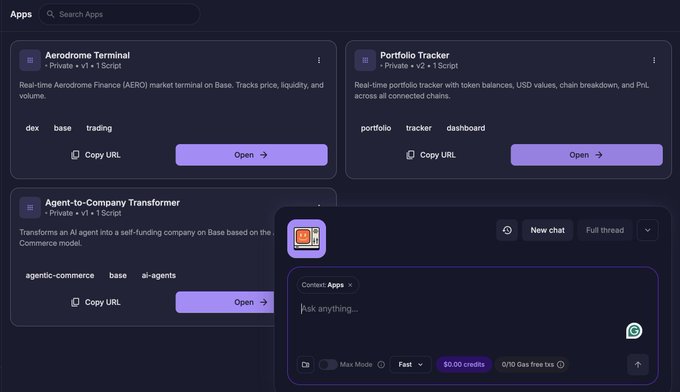 A screenshot of an apps dashboard interface showing options like "Aerodrome Terminal," "Portfolio Tracker," and "Agent-to-Company Transformer" with an AI chat overlay.