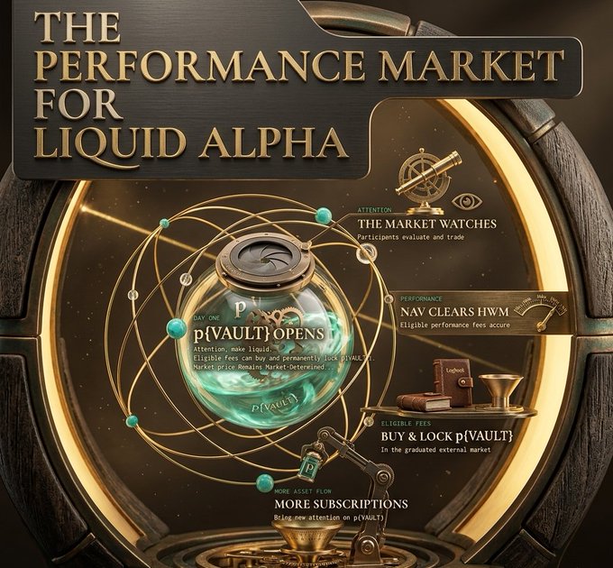 A detailed digital infographic titled 'THE PERFORMANCE MARKET FOR LIQUID ALPHA' featuring a central glass orb labeled 'p[VAULT]'.