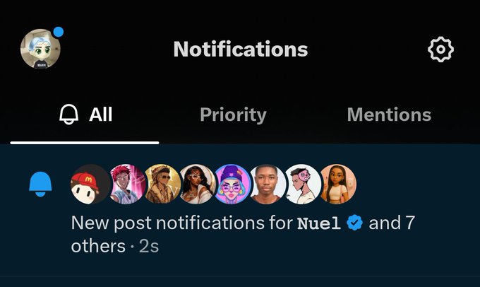 A social media notifications screen showing recent activity with the message 'New post notifications for Nuel and 7 others' alongside a row of profile pictures.