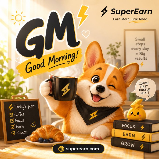 A promotional graphic featuring a cartoon corgi holding a coffee mug with the text 'GM Good Morning!', alongside a chalkboard with 'Today's plan: Coffee, Focus, Earn, Repeat', and the branding 'SuperEarn Earn More. Live More.' with the URL 'superearn.com'.