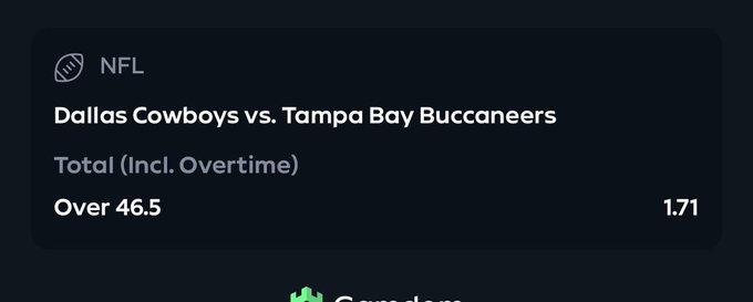 A sports betting interface shows an NFL wager on the Total (Incl. Overtime) Over 46.5 for the Dallas Cowboys vs. Tampa Bay Buccaneers at odds of 1.71.