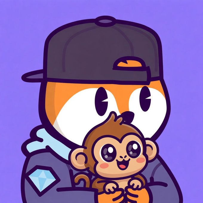 A cartoon illustration of an orange penguin-like character wearing a black backwards cap, holding a small brown monkey, with a diamond-shaped logo in the corner.
