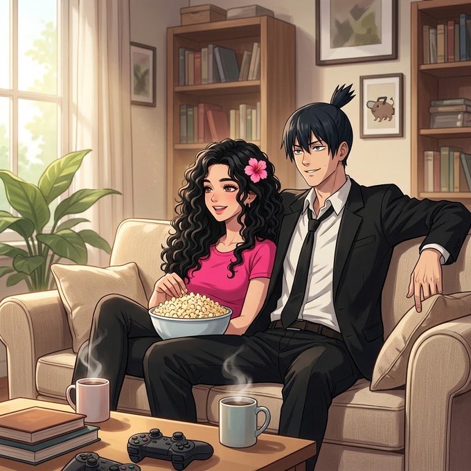 An anime-style illustration of a smiling couple sitting on a couch with a bowl of popcorn and coffee mugs, in a cozy living room setting.