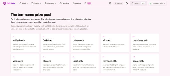 A screenshot of the ENS Tools website displaying 'The ten-name prize pool' with .eth domain names including aaliyah.eth, 0090.eth, cohen.eth, kirk.eth, creations.eth, vines.eth, elin.eth, uriah.eth, terrence.eth, and scaler.eth.