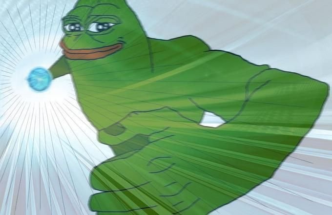 Pepe the Frog meme depicted in a muscular anime-style pose, holding a glowing blue orb in his hand.