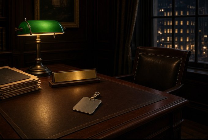 A dark wooden desk holds a stack of folders, a green-shaded lamp, a nameplate, and a silver ID badge, with a leather chair positioned nearby and a window showing a nighttime cityscape.