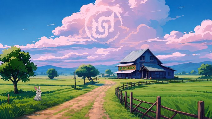 An anime-style illustration of a farm scene with a barn labeled 'BELDEX', green fields, a white rabbit, and a distinctive spiral cloud in the pink and blue sky.